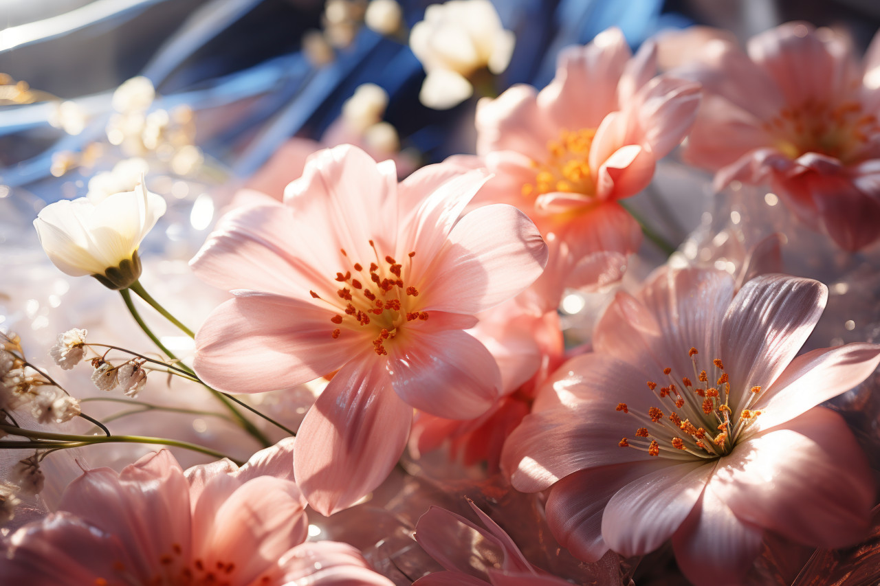 Dreamy effect of translucent fabric on flowers, spring session photos
