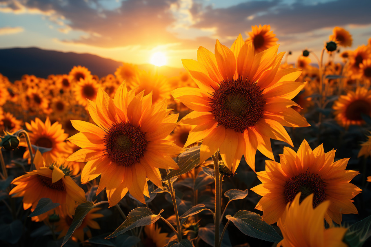 Sunflower field with long stretching shadows, spring session photos