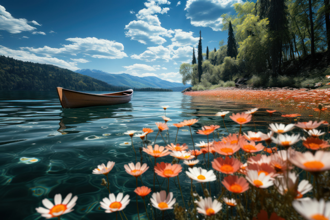 Sailboat sailing through a poppy embraced lake, spring session photos