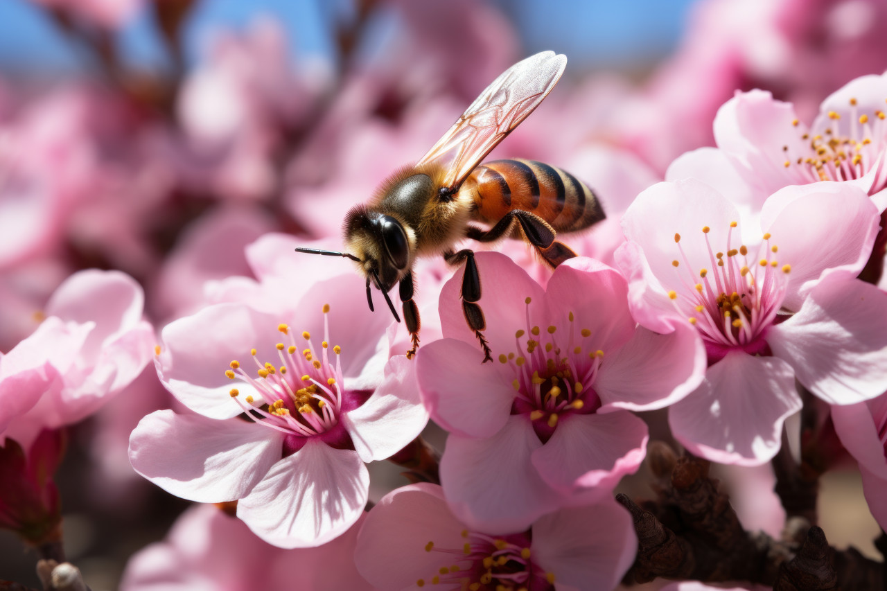 Floral universe bee journey through detailed blossoms, spring session photos