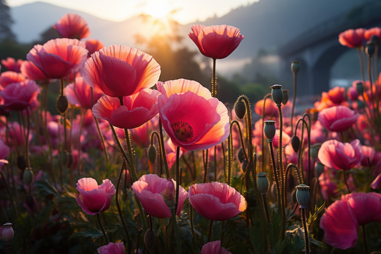Sunrise serenade soft and warm illumination on poppy field, spring session photos