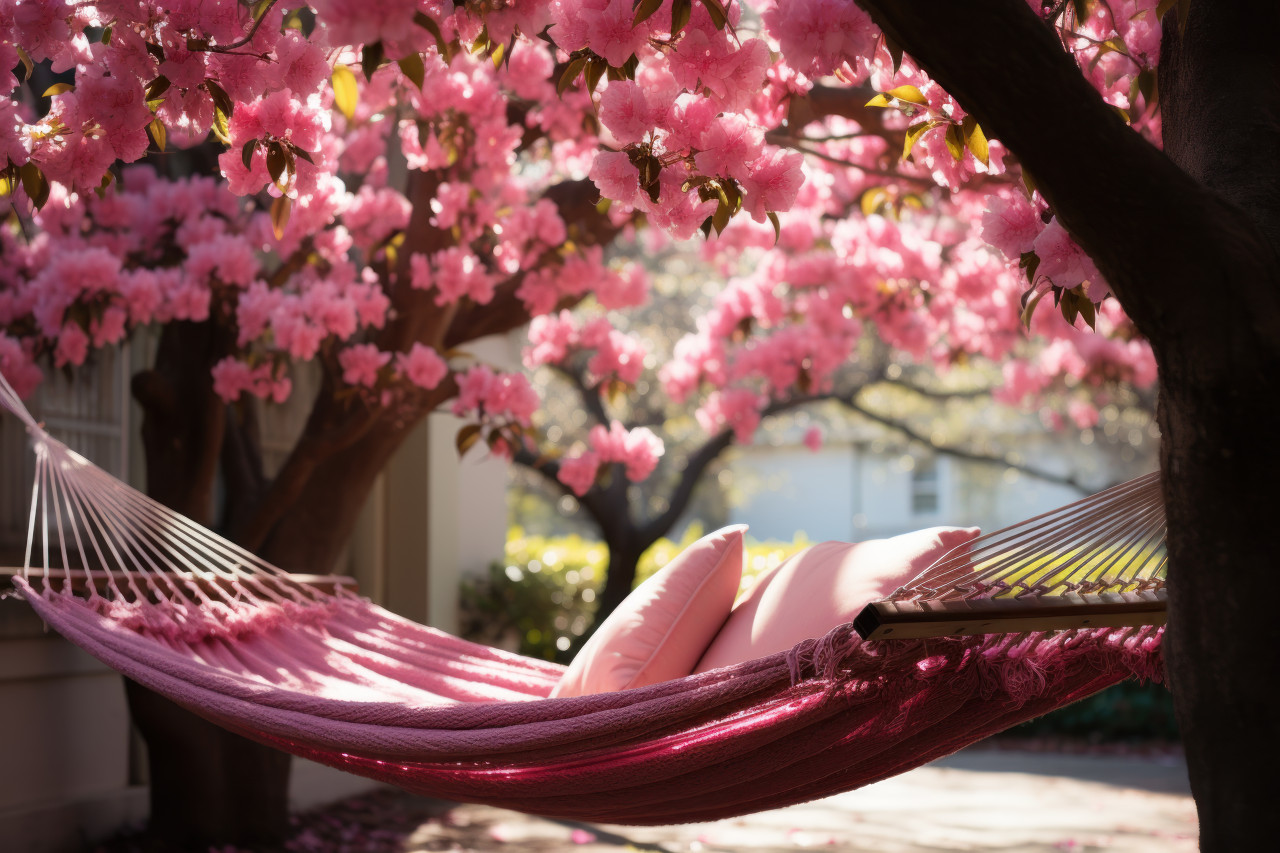 Blossom breeze relaxation in a hammock between flowering trees, spring session photos