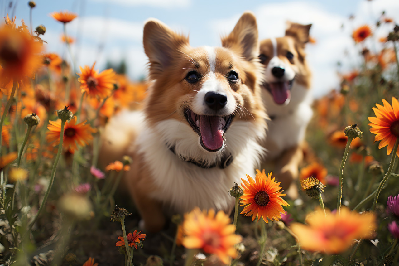 Furry friends revel in flowering meadows, spring session photos