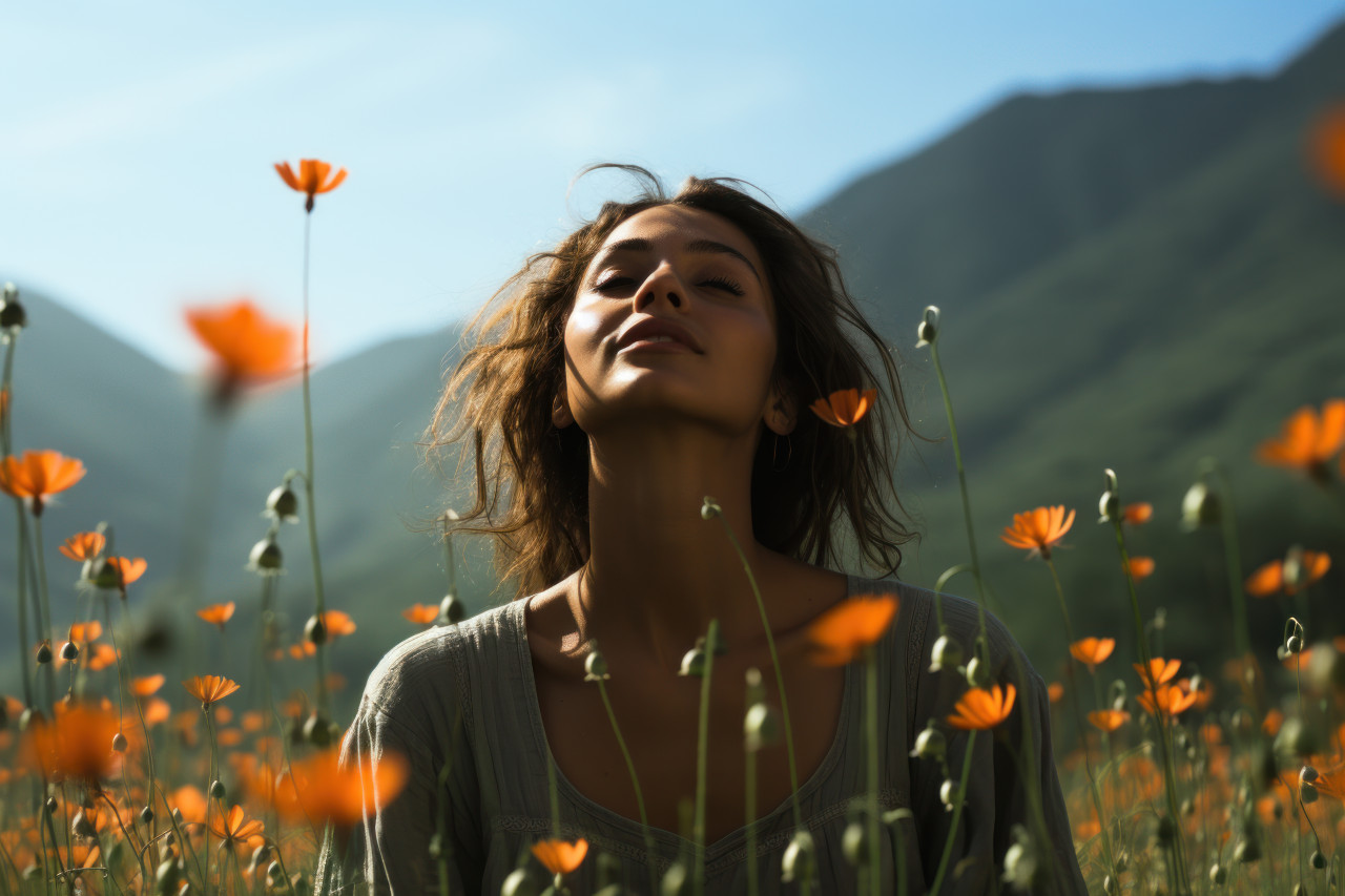 Peaceful reflection meditating in a poppy field, spring session photos