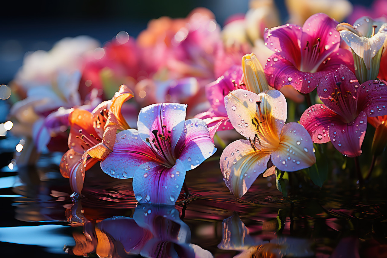 Vibrant lilies mirrored in polarized pond, spring session photos