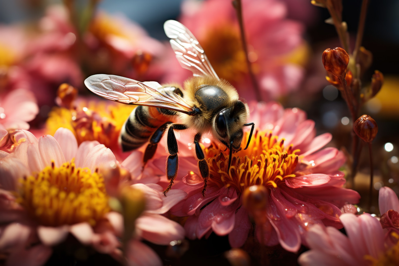 Pollinators bees awash in morning dew, spring session photos