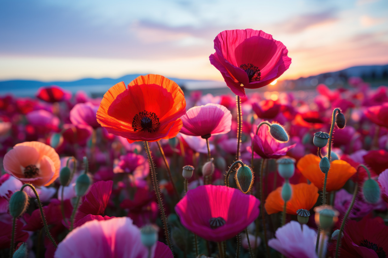 Field of reflection poppy flowers in daylight to twilight, spring session photos