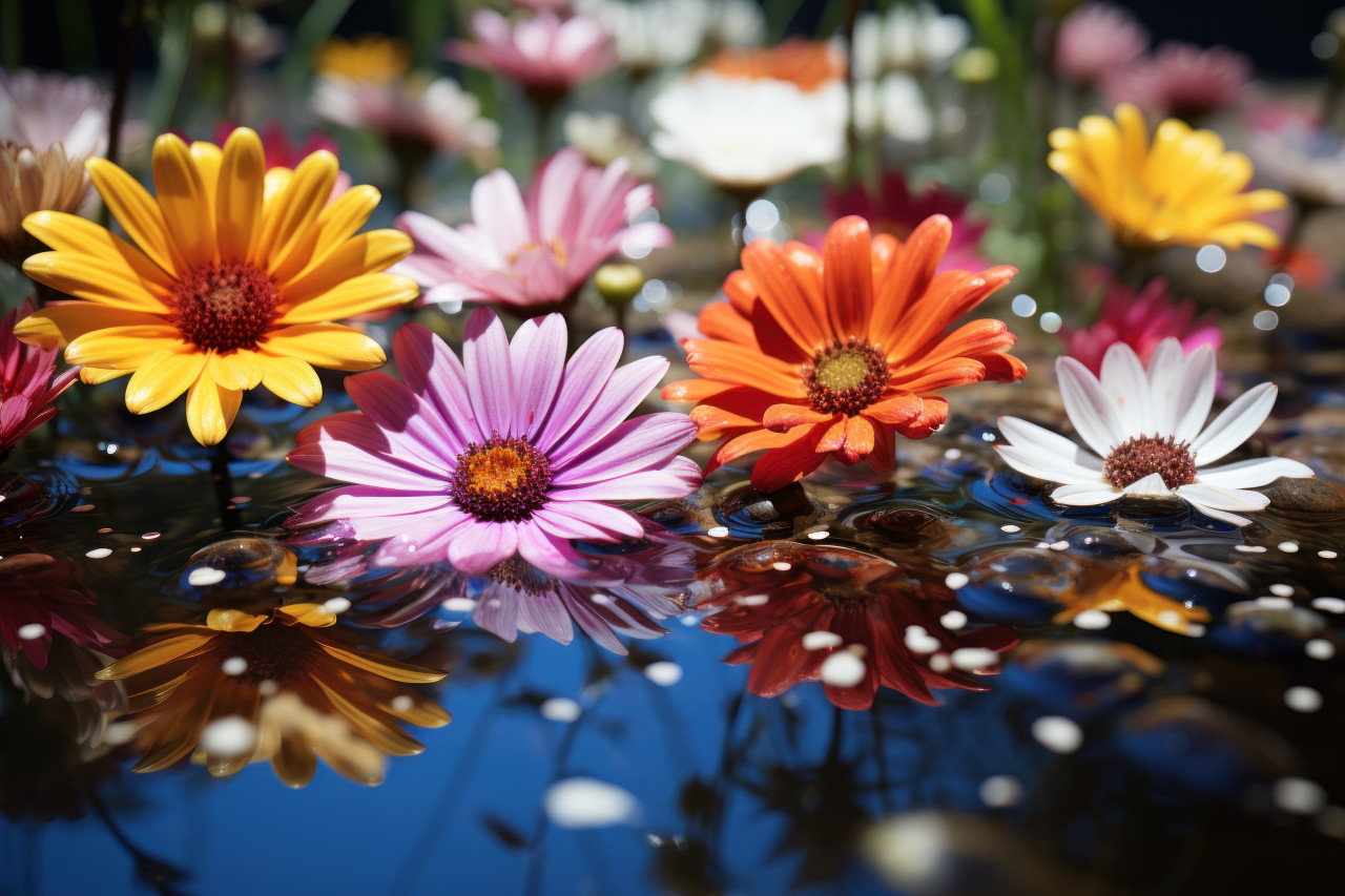 Vibrant flowers in rippling reflection, spring session photos