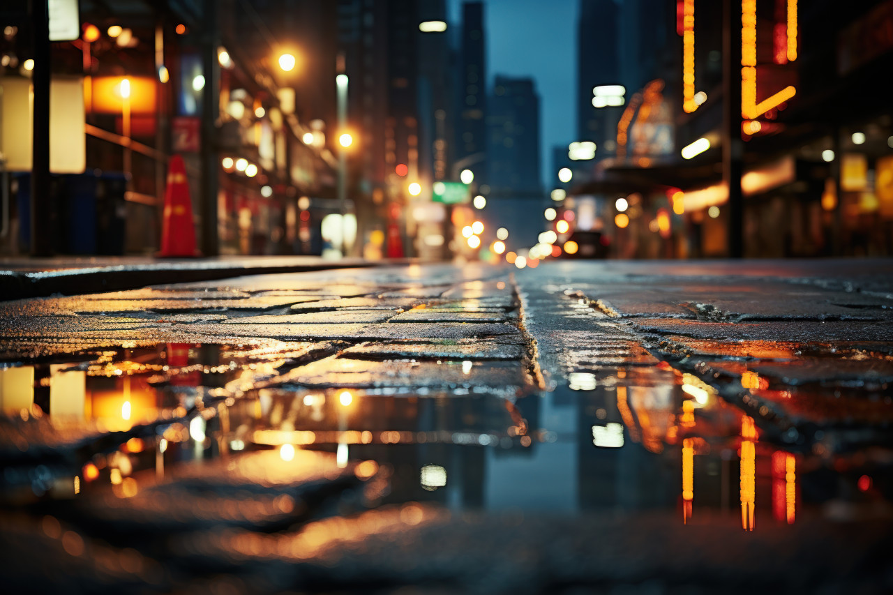 Urban cityscapes reflected in rain puddles, environmental images