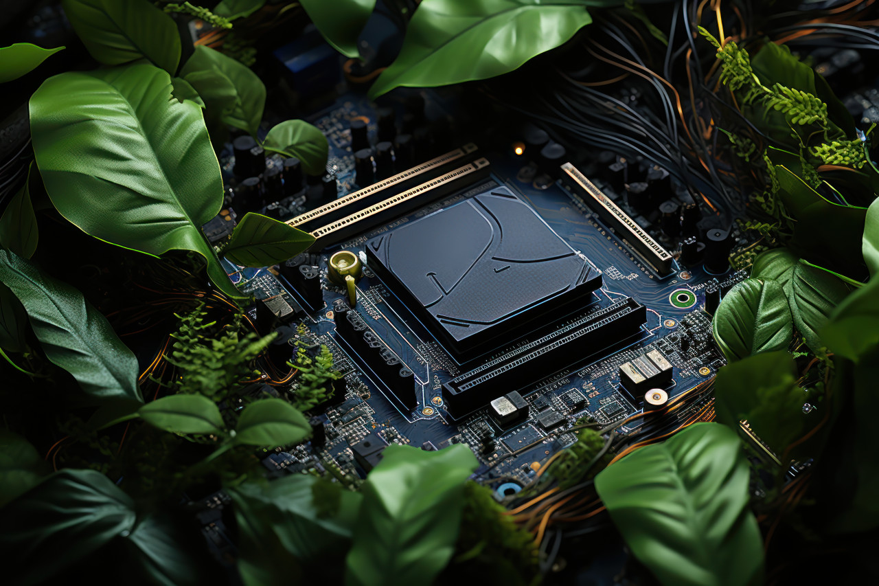 The intertwined ecology of leaves and vines forming a symbolic circuit board, environmental concept