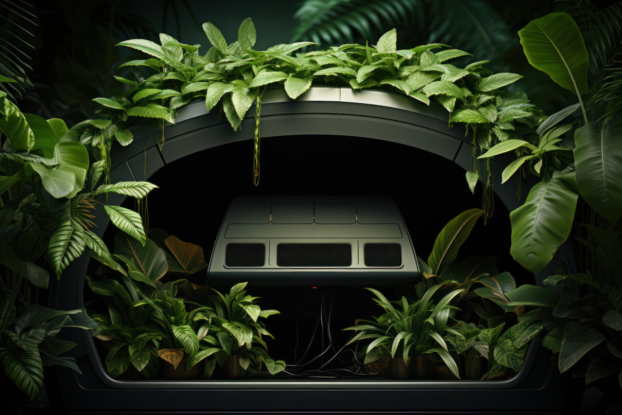 Solar powered charging station nestled amidst vibrant green leaves, nature conservation photos
