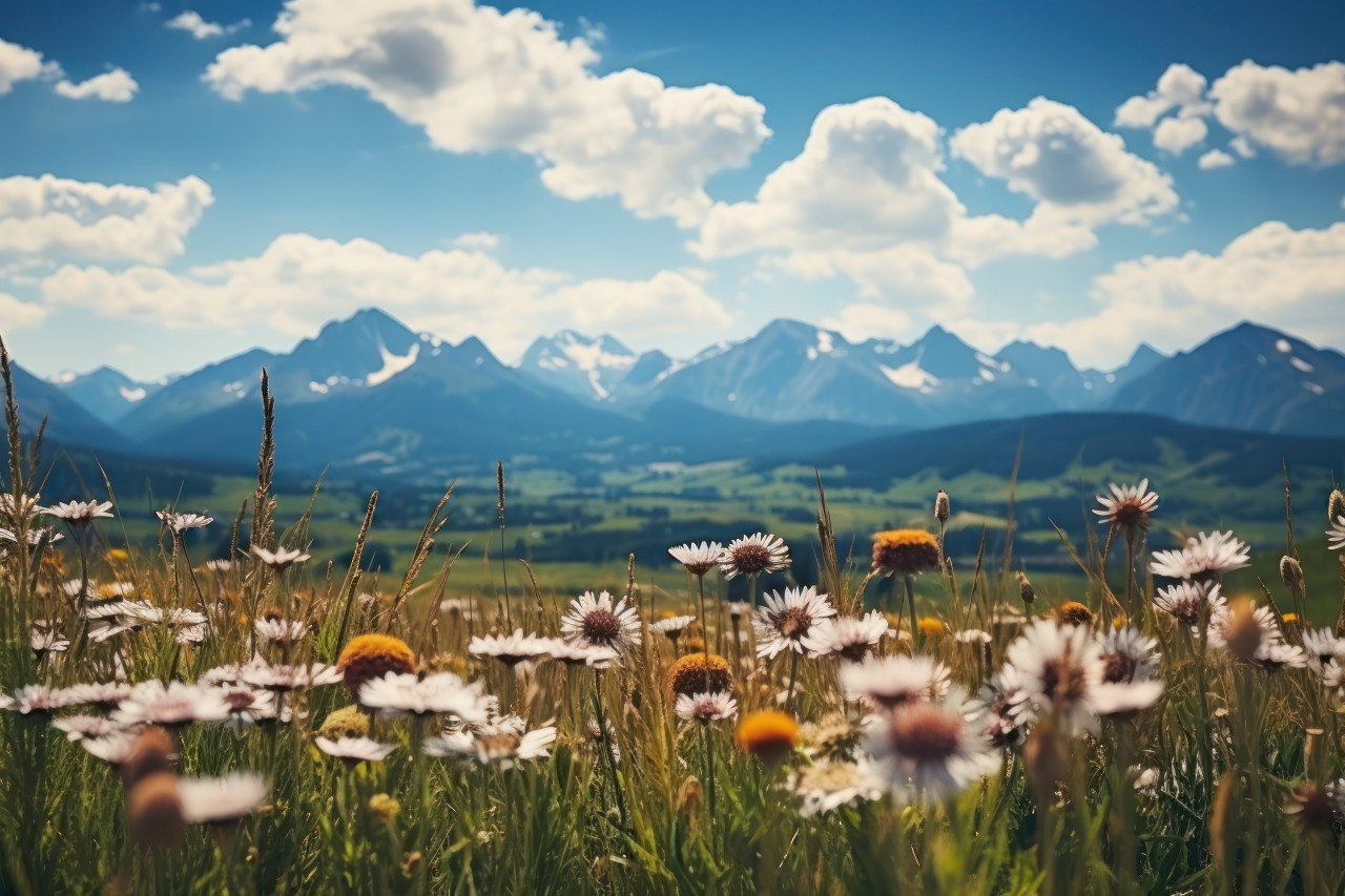 Tranquil alpine meadow framed by a panorama of breathtaking snow capped peaks, environmental concept