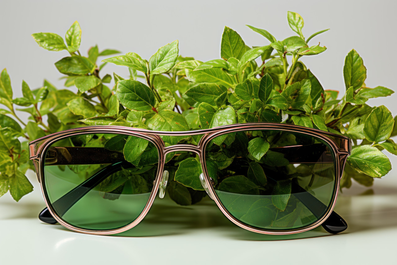 Sunglasses mirror the verdant beauty of leaves, environmental images