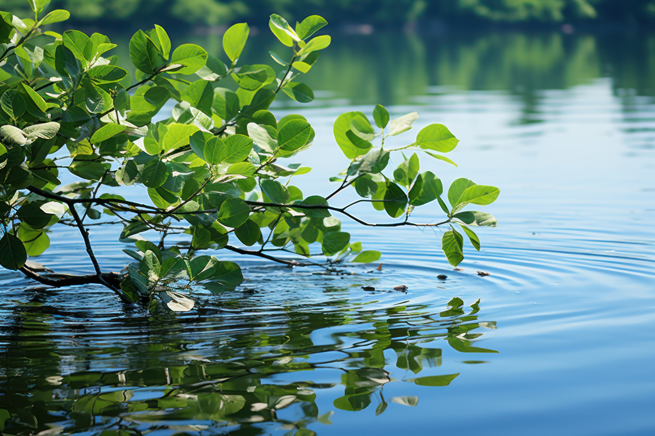 Green leaves on a peaceful water surface, environmental concept