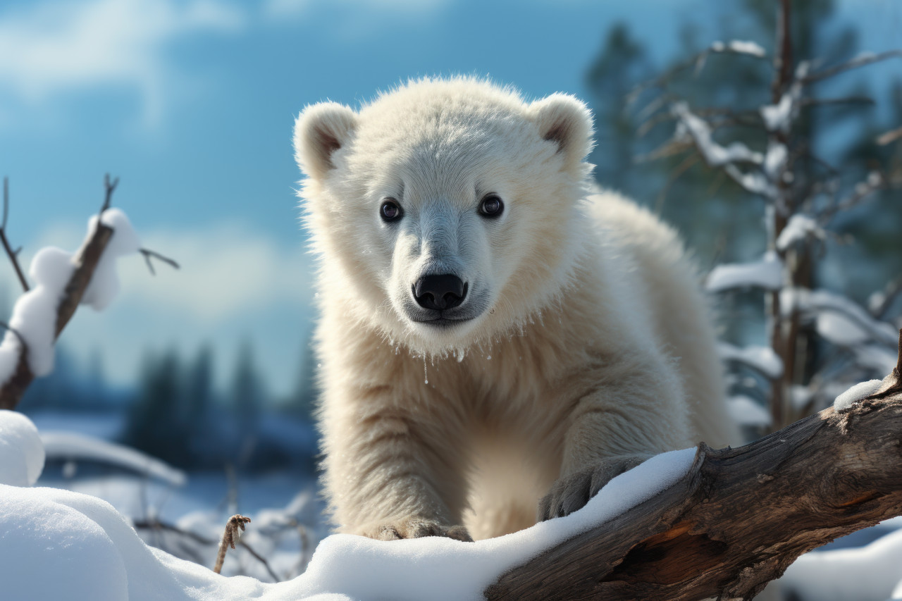 A charming scene of a curious polar bear cub investigating the arctic terrain, earth friendly images