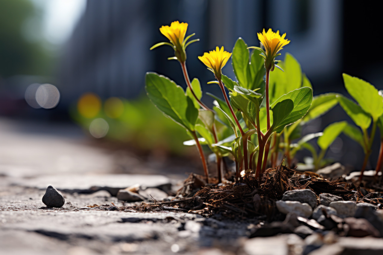 Dandelions as a metaphor for nature strength in urban settings, environmental images