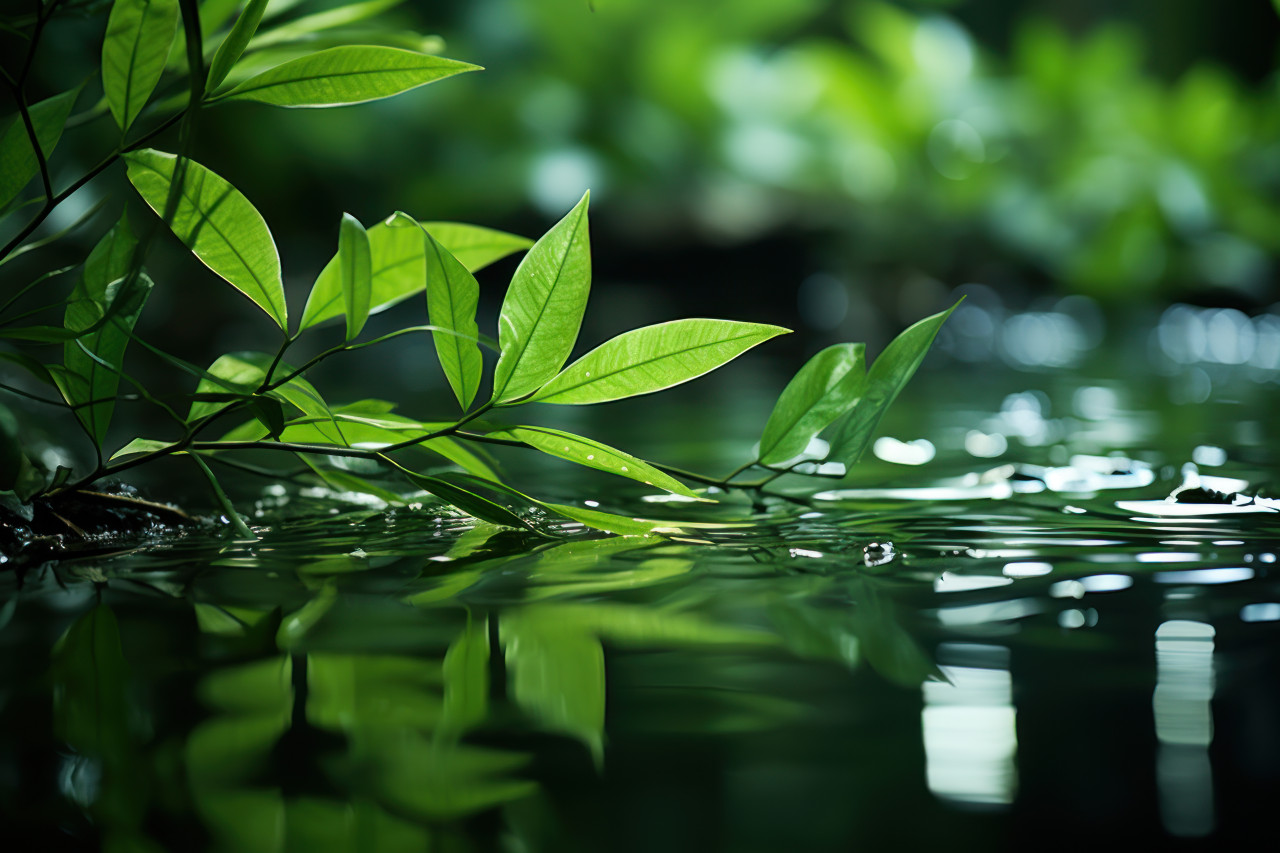 A calm pond mirrors the tranquility of lush green leaves, earth friendly images