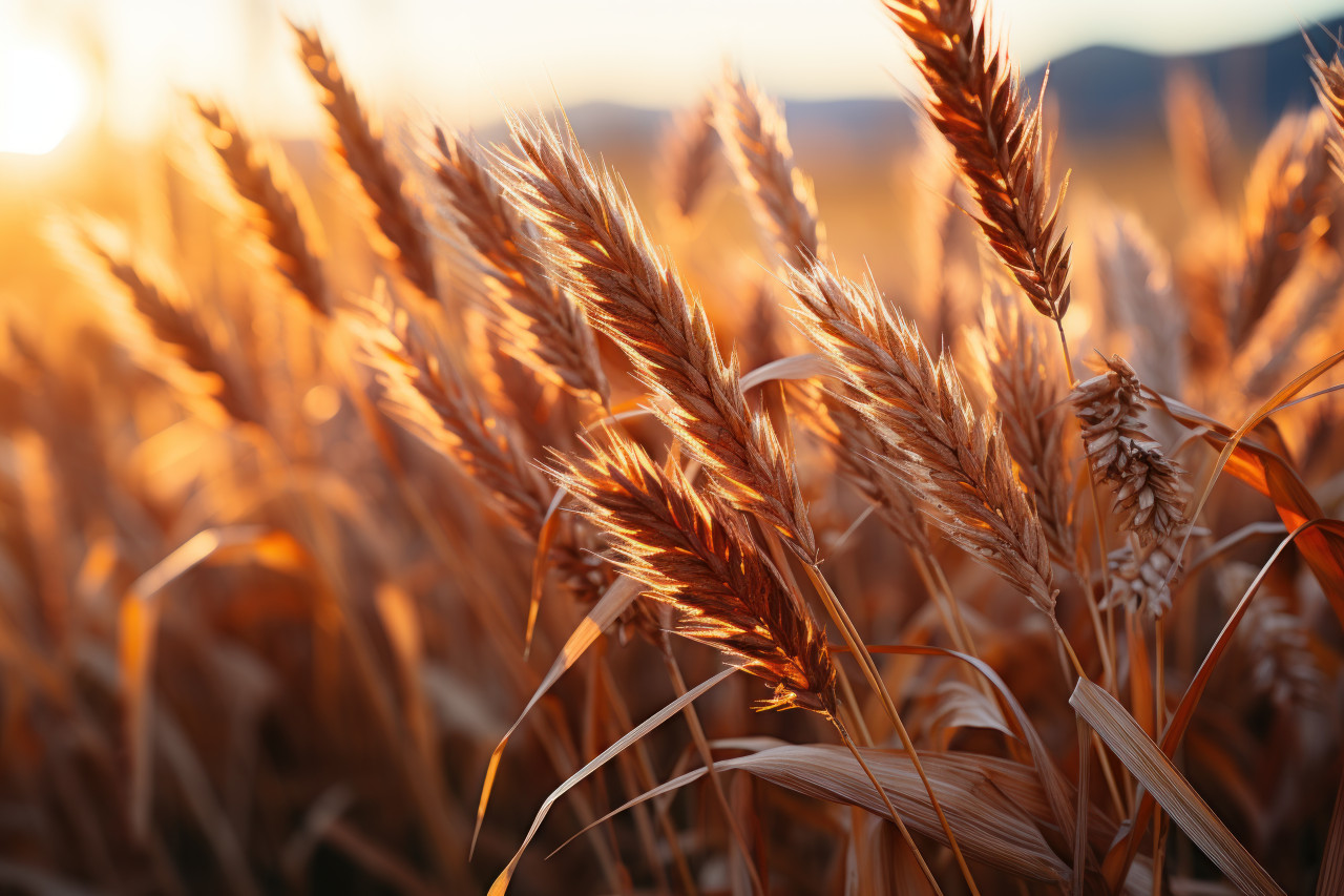 A peaceful sunrise painting the wheat fields in gold, nature conservation photos