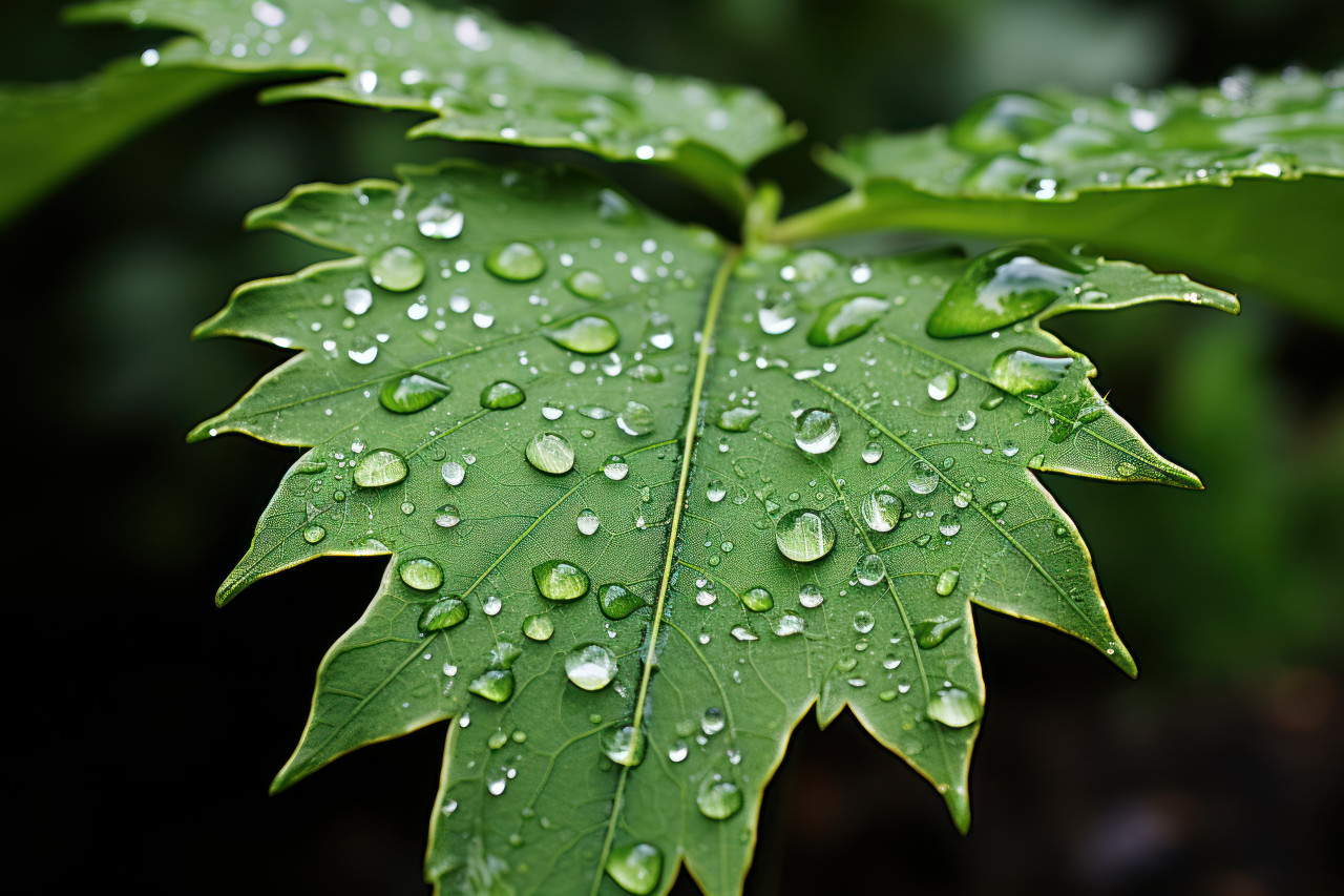 A single leaf adorned with dew epitomizes the essence of renewal and vitality, environmental concept