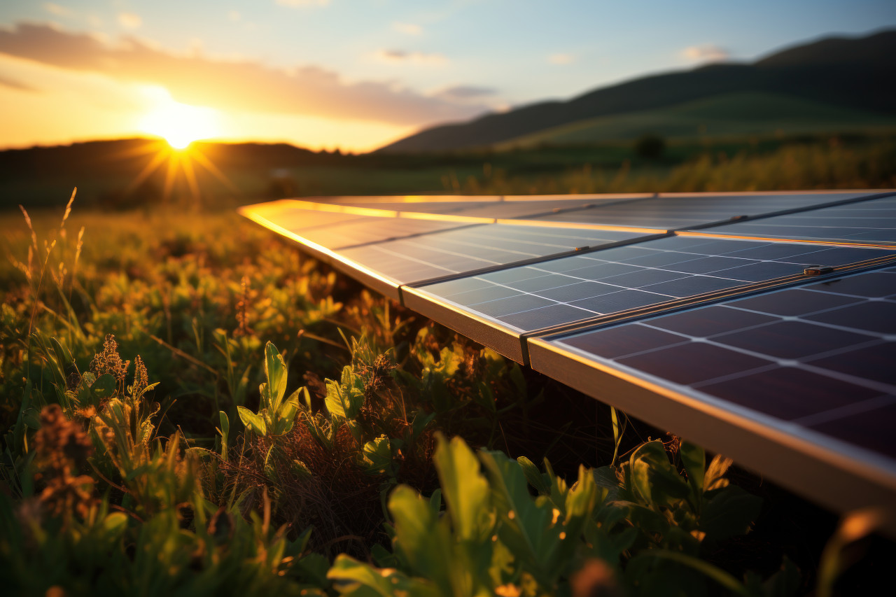 Serene solar panel field bathed in sunrise, nature conservation photos