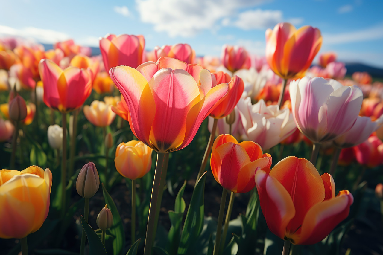 Sunrise in a picturesque tulip field, environmental images