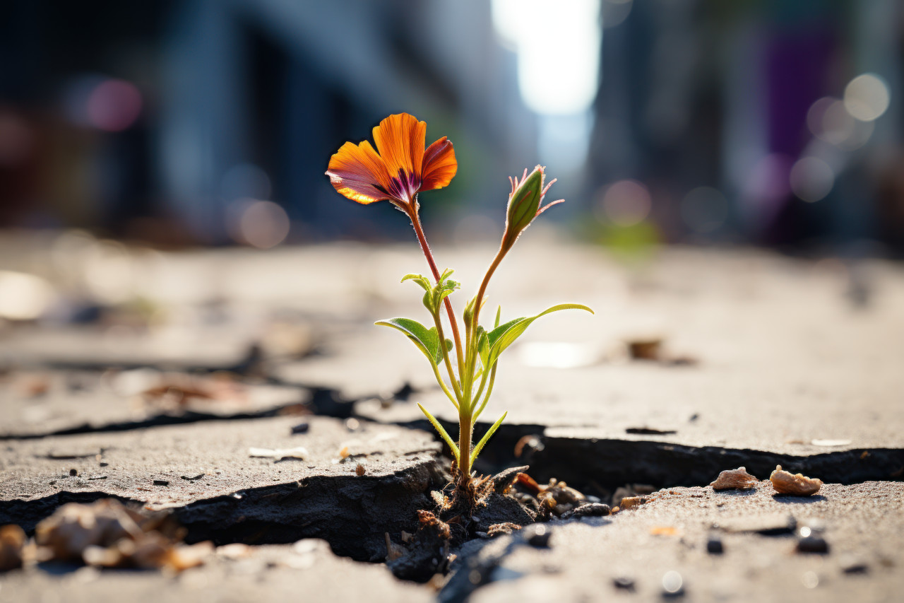 A delicate flower emerges in the cityscape shadows, nature conservation photos