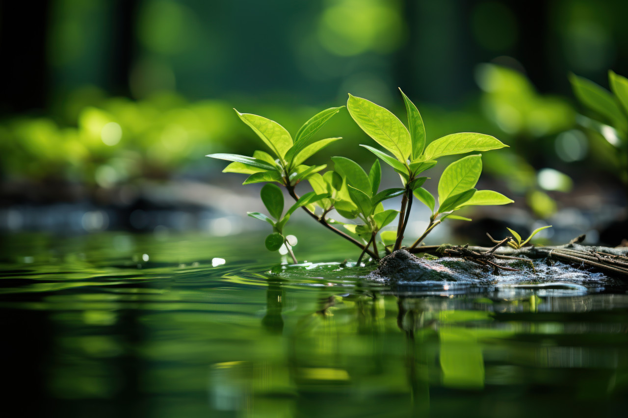 Green leaves in a calm water reflection, environmental images