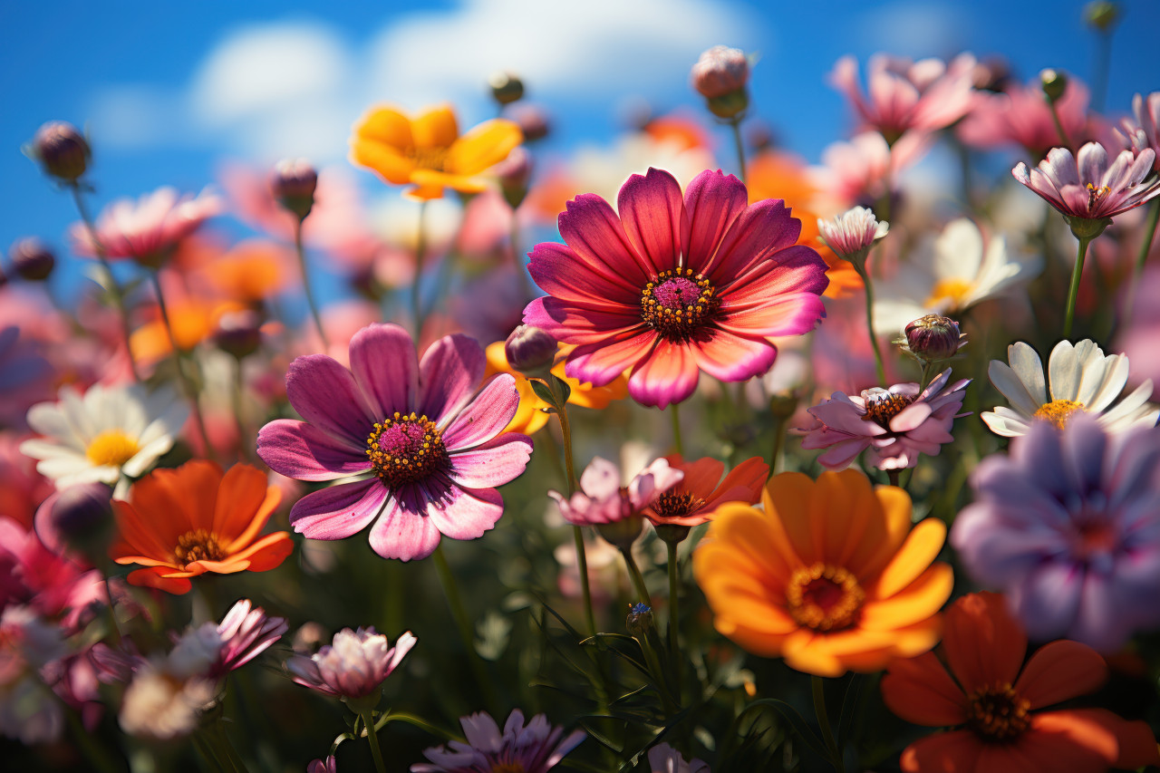 A lively meadow bursting with colorful blossoms under the sun, environmental concept