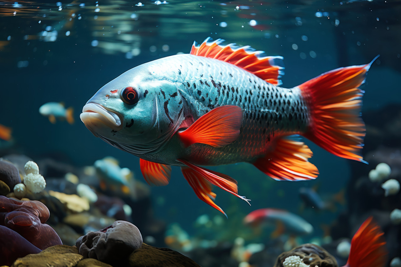 Marine life captured in the shadow of microplastics, environmental concept