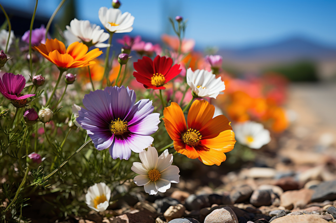 A stunning display of colorful wildflowers in the desert, environmental images