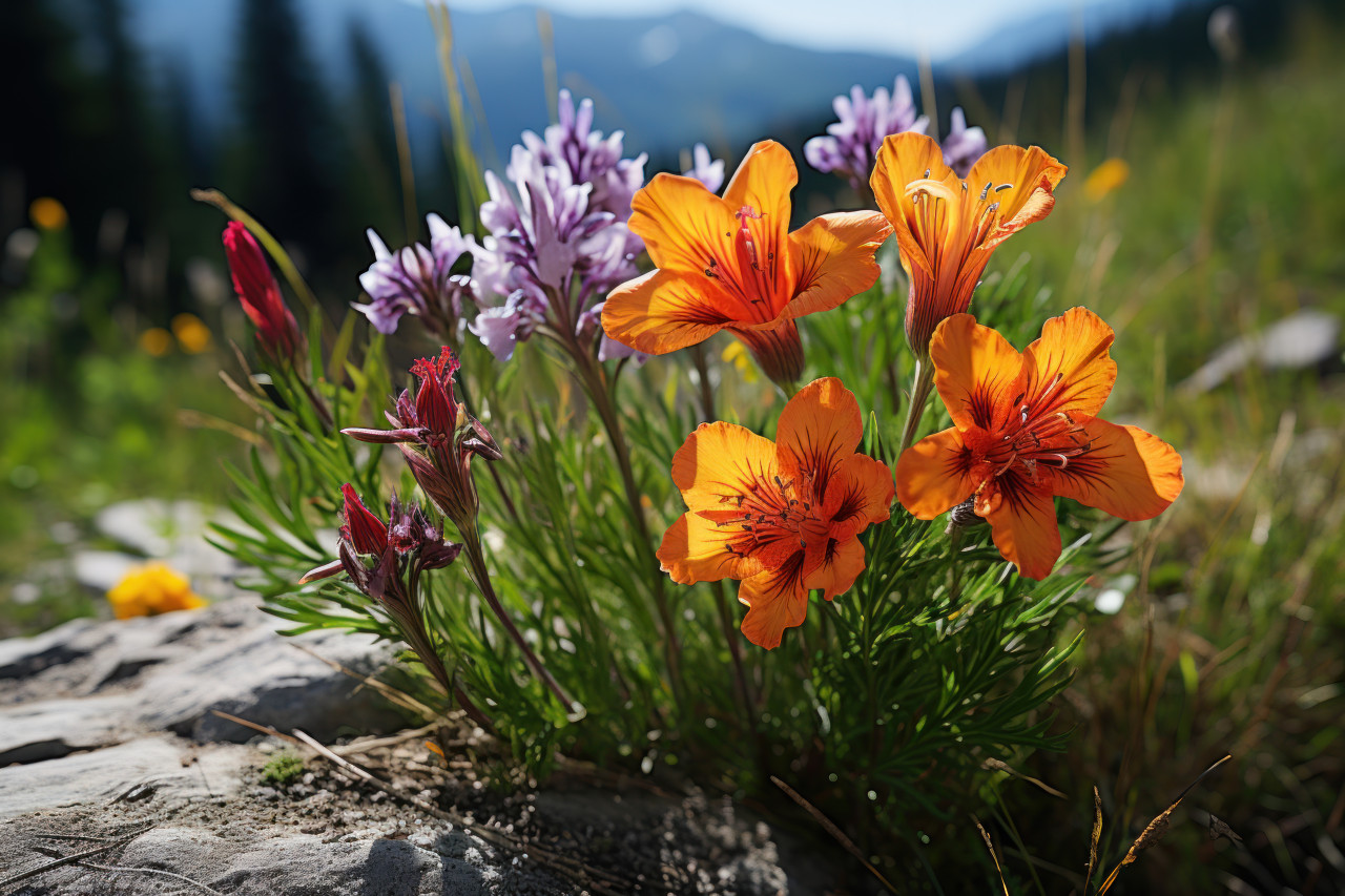 A stunning alpine meadow with wildflowers clear streams and majestic peaks, go green images