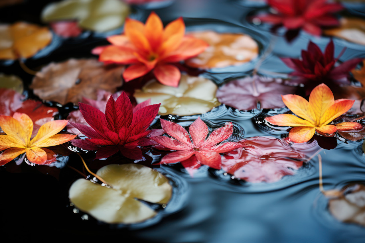 Close up of colorful maple leaves adrift on a calm pond, environmental images