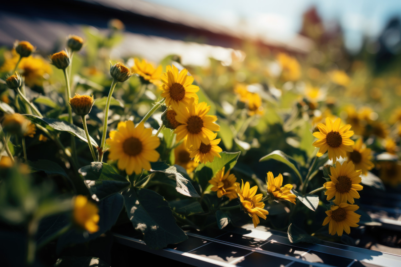 Sunflower field and solar panels illustrating sustainable living, earth friendly images