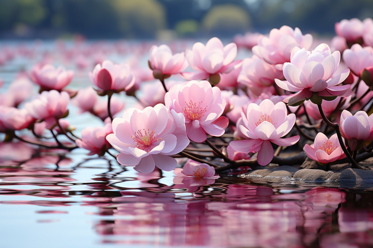 Calm and serene lotus pond landscape with pink petals, earth friendly images