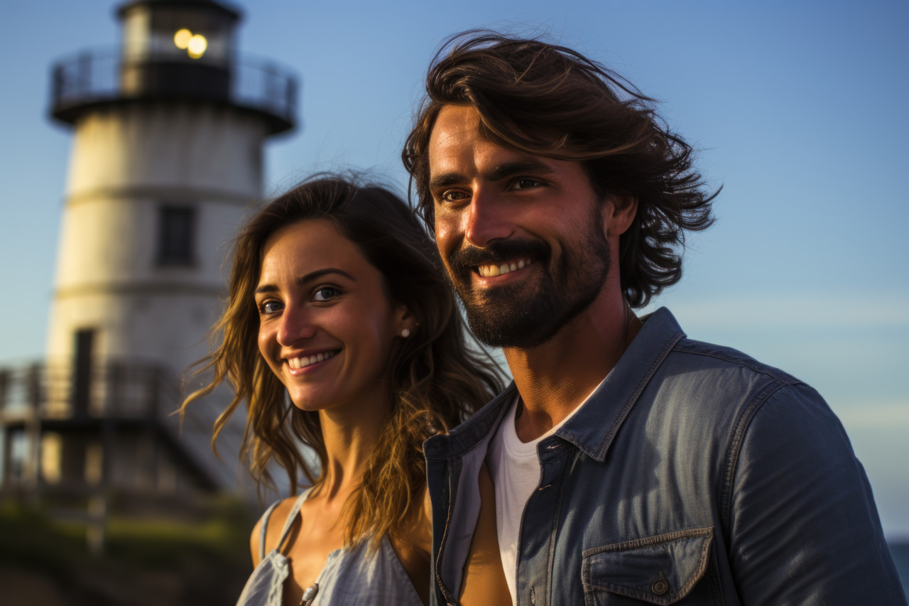 A couple stands beside a lighthouse, a symbol of their enduring bond, valentine, dating and love proposal image
