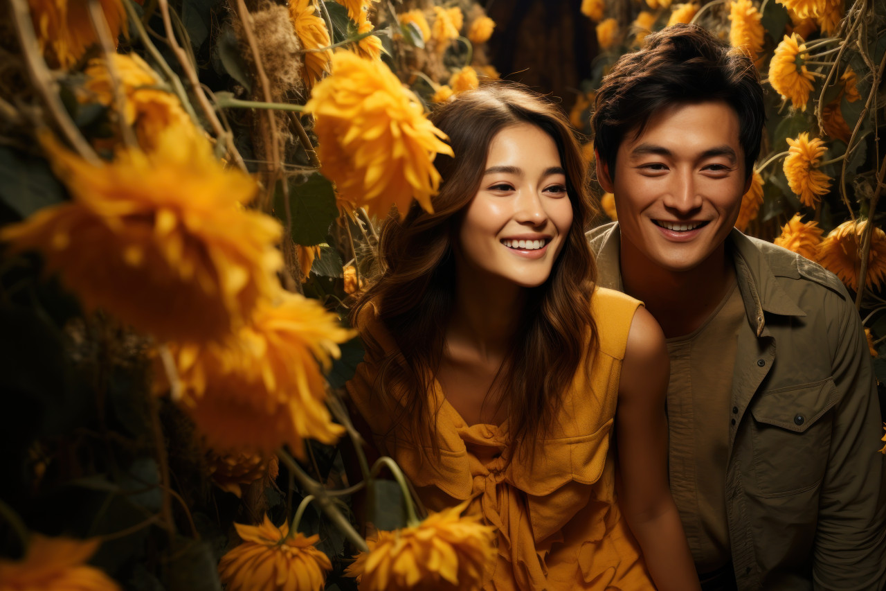 Couple lost in a sunflower maze of emotions, engagement, wedding and anniversary image
