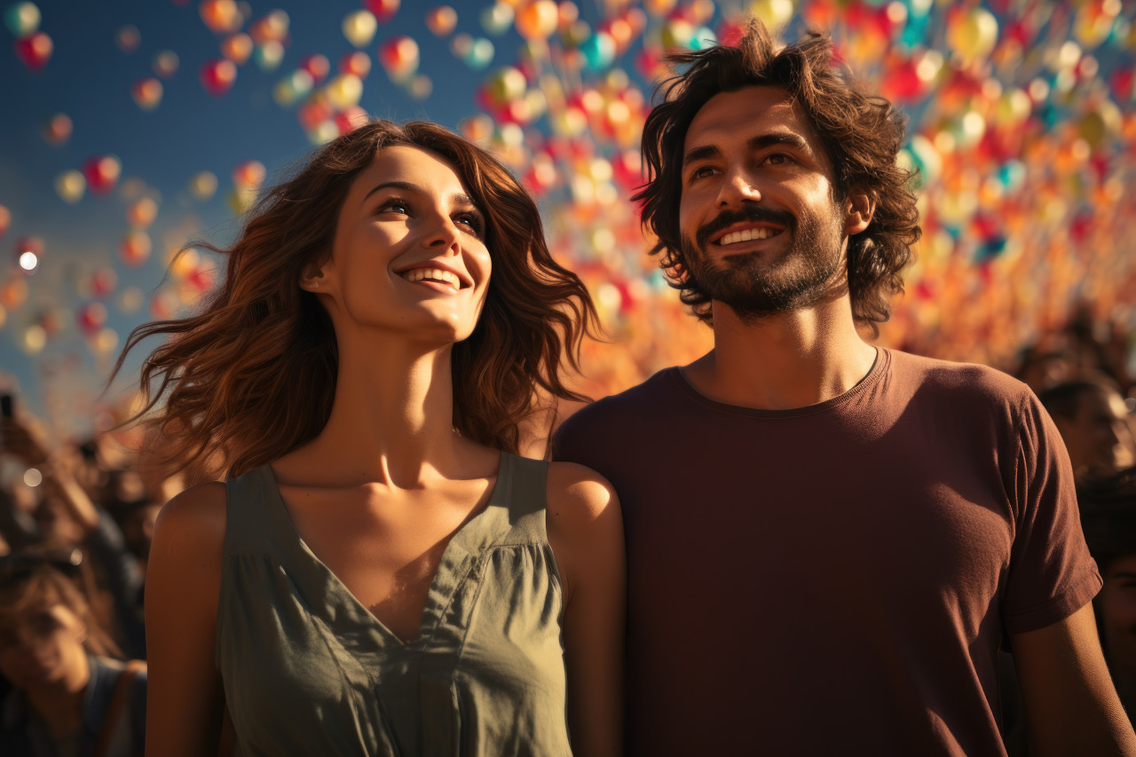 Spectacular festival scene as a couple embraces amidst ascending colorful hot air balloons, engagement, wedding and anniversary image