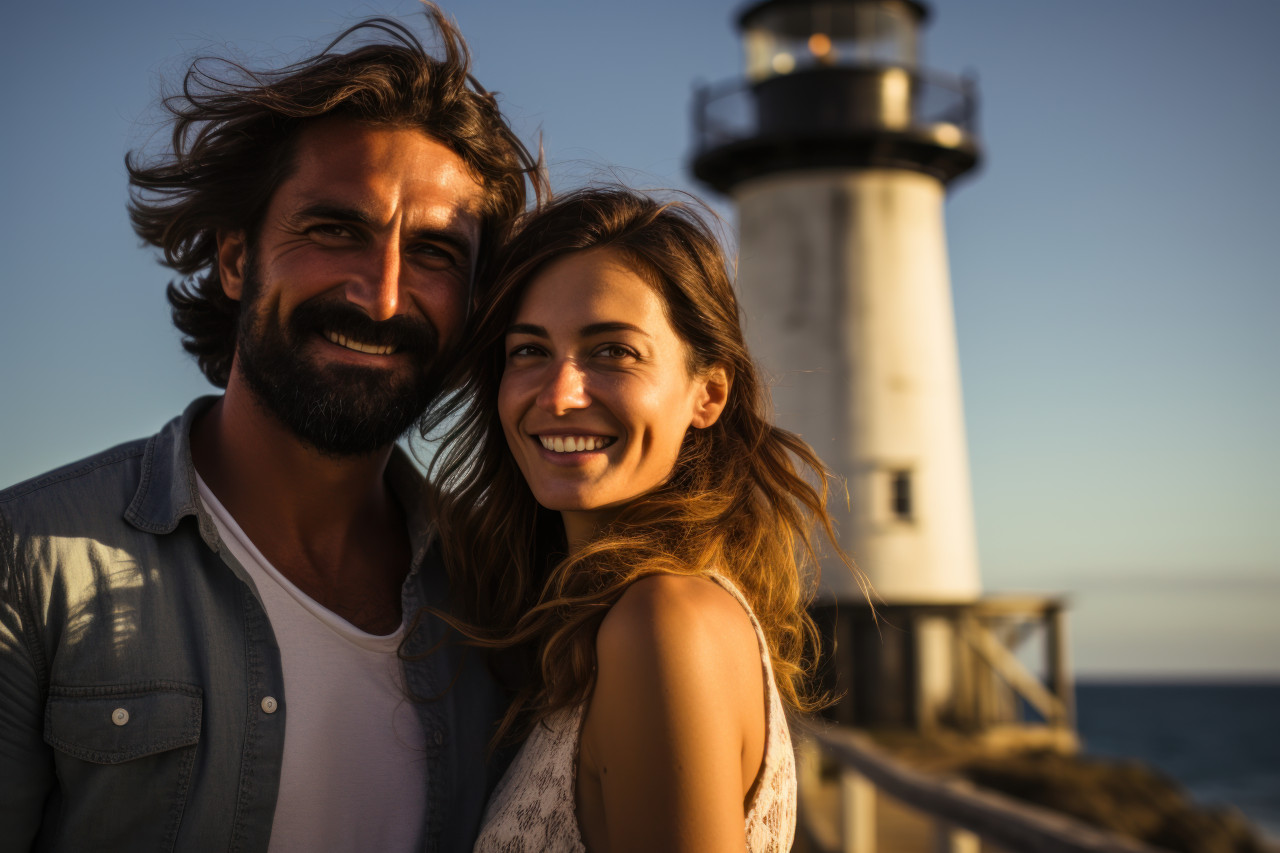 A couple shares a tender moment by the lighthouse, engagement, wedding and anniversary image