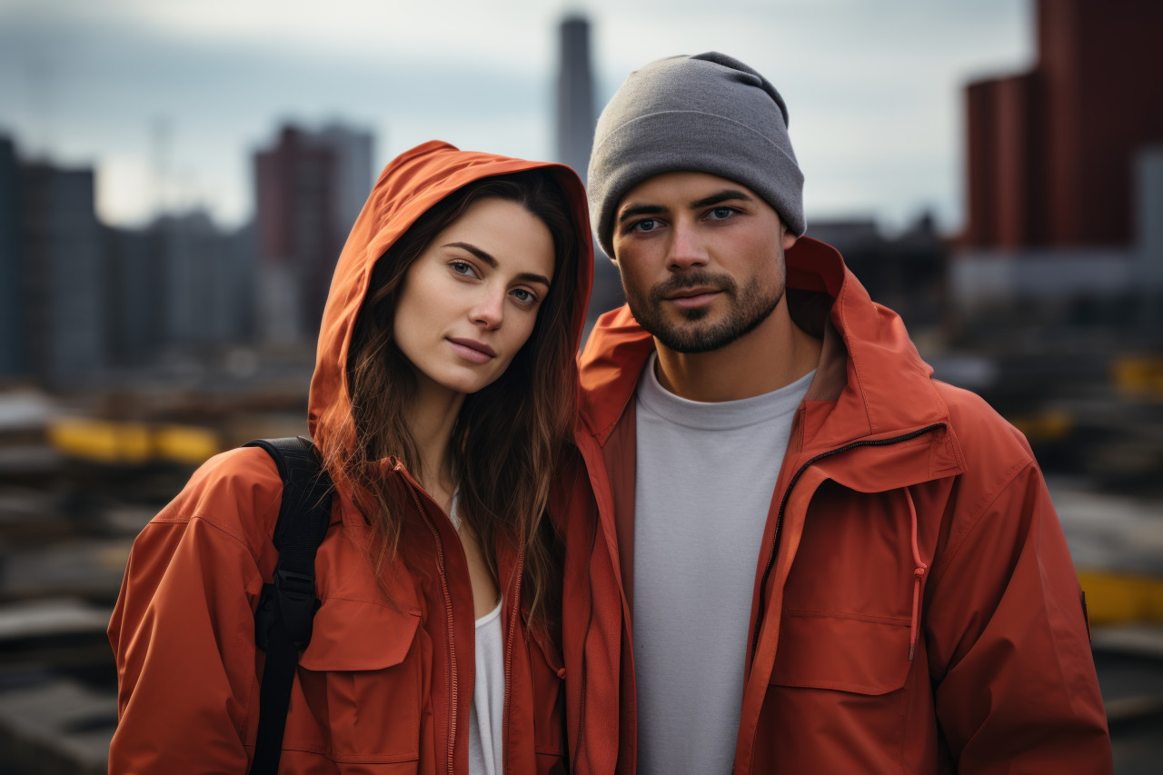 Trendsetting couple against an urban skyline, valentine, dating and love proposal image