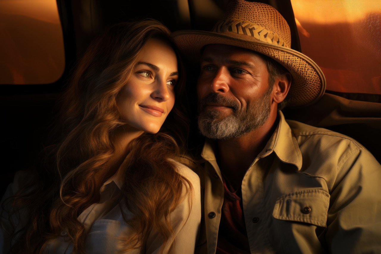 A couple safari escapade bathed in the warm glow of dusk, engagement, wedding and anniversary image