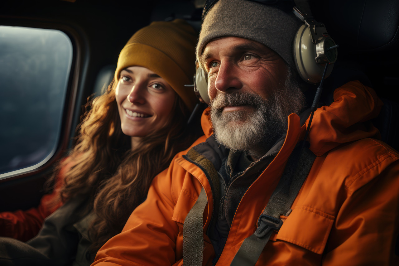 Couple embraces adventure in helicopter over mountainous landscapes, engagement, wedding and anniversary image