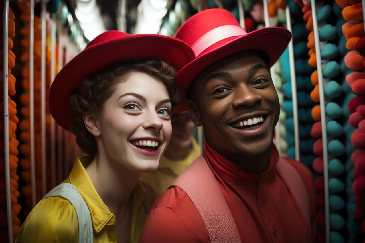 A couple immersed in the amusing challenge of a mirror maze at the carnival, valentine, dating and love proposal image