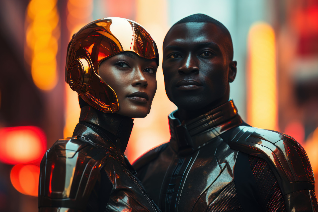 Couple in futuristic clothing against a neon city backdrop, engagement, wedding and anniversary image