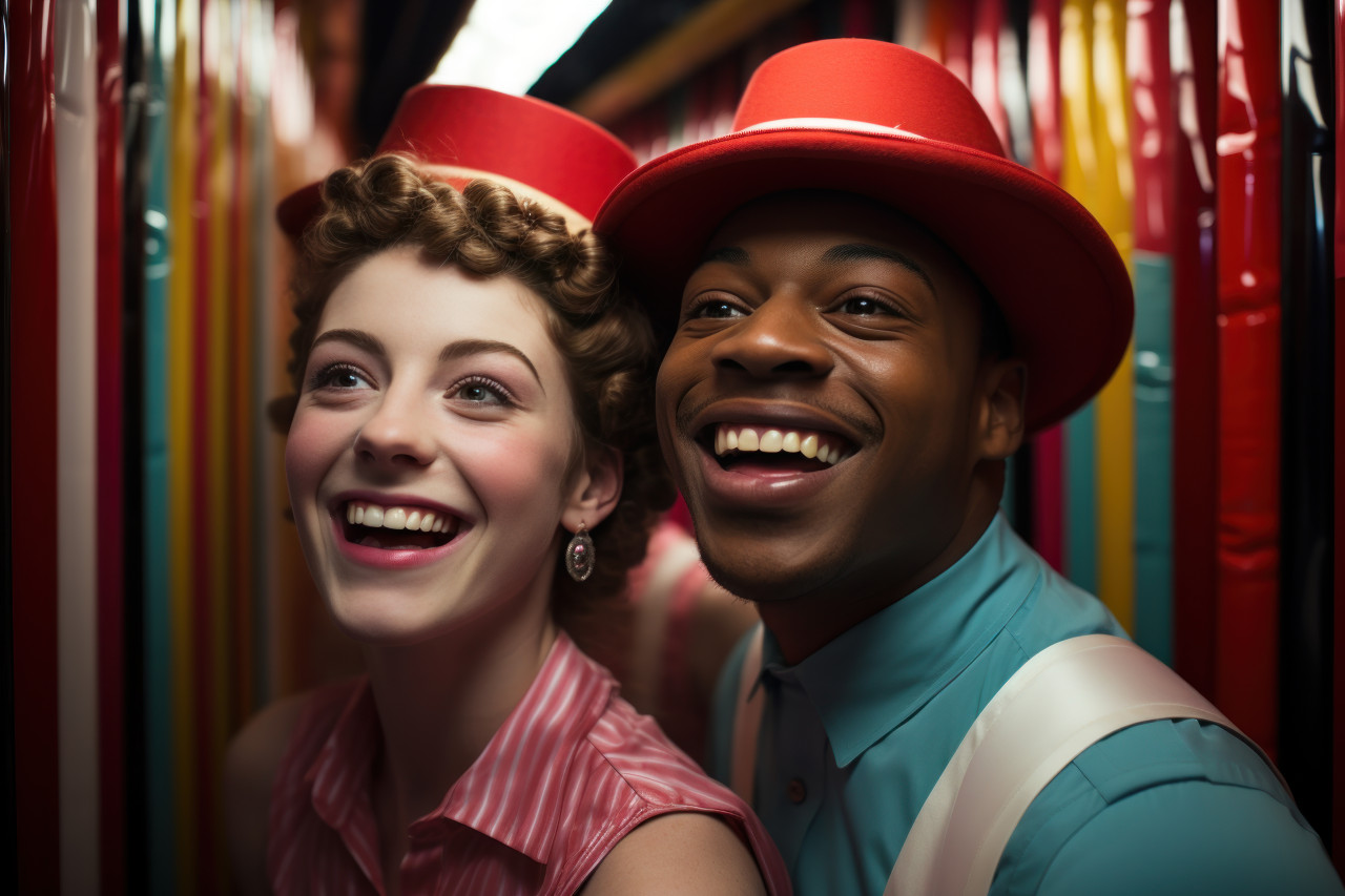Playful moments in a carnival funhouse mirror maze with a joyful couple, engagement, wedding and anniversary image