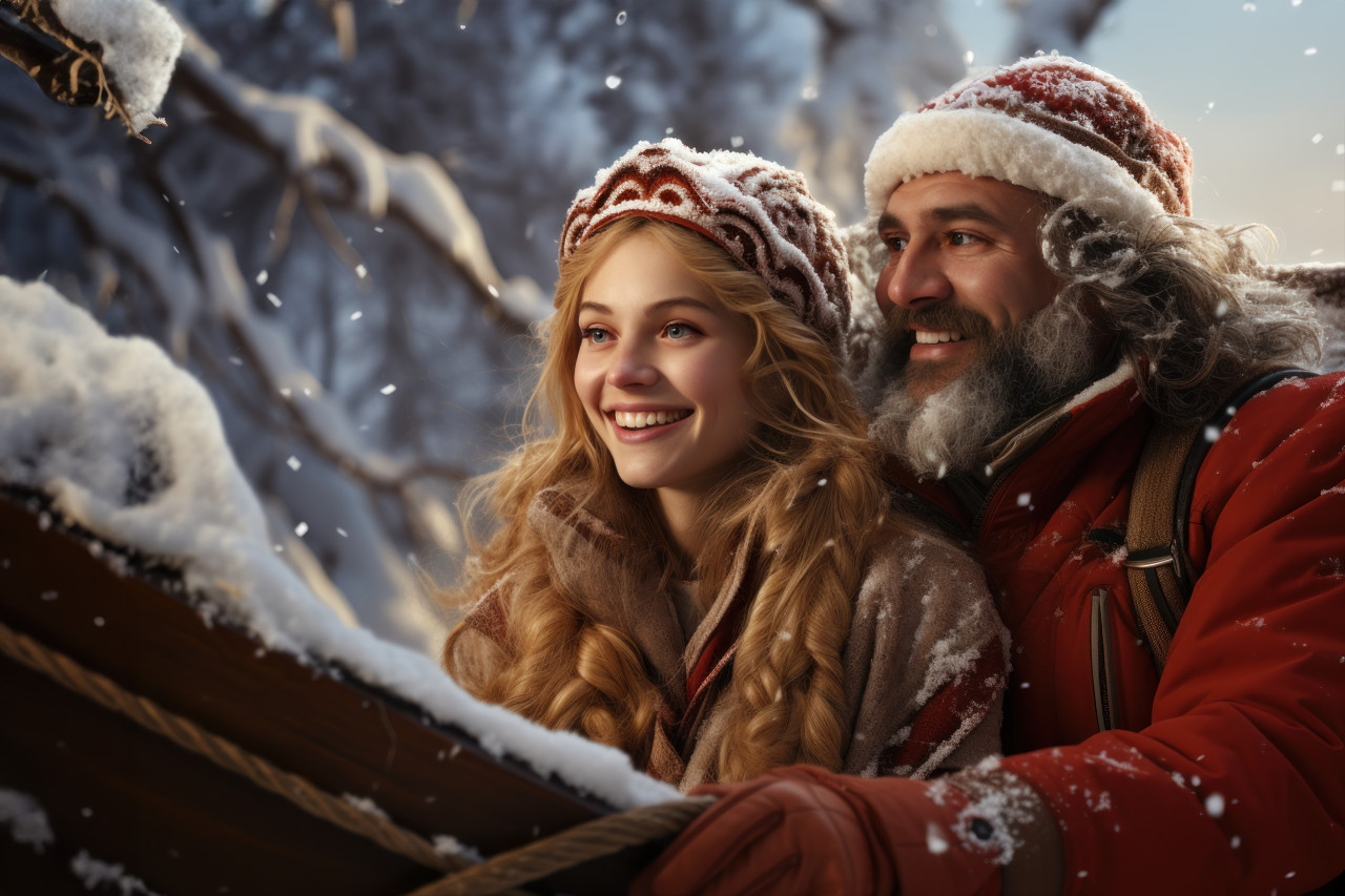 Couple celebrates the magic of the season on a sleigh ride, valentine, dating and love proposal image