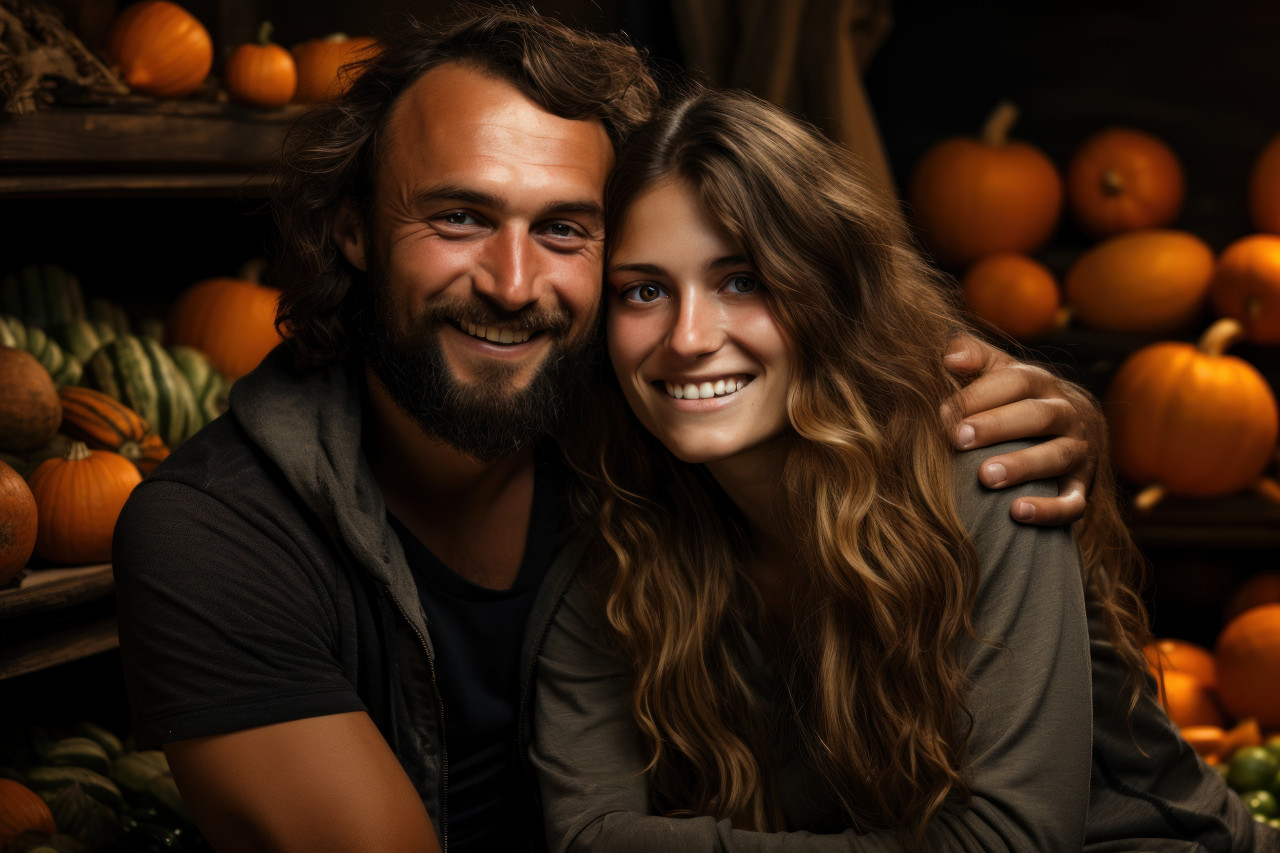 Couple celebrating amidst pumpkins and fall foliage, engagement, wedding and anniversary image