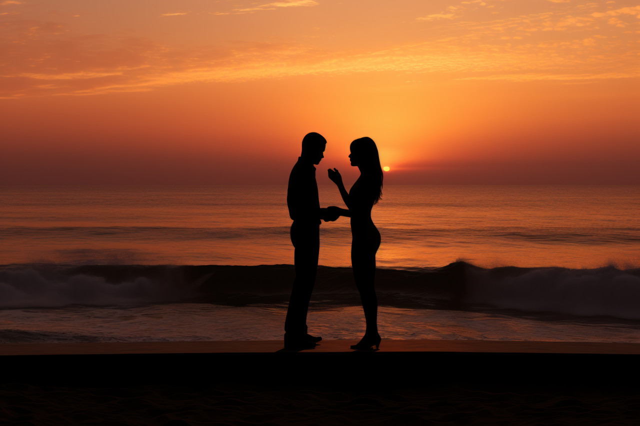 Silhouetted beach proposal against the sunset and ocean waves, engagement, wedding and anniversary image
