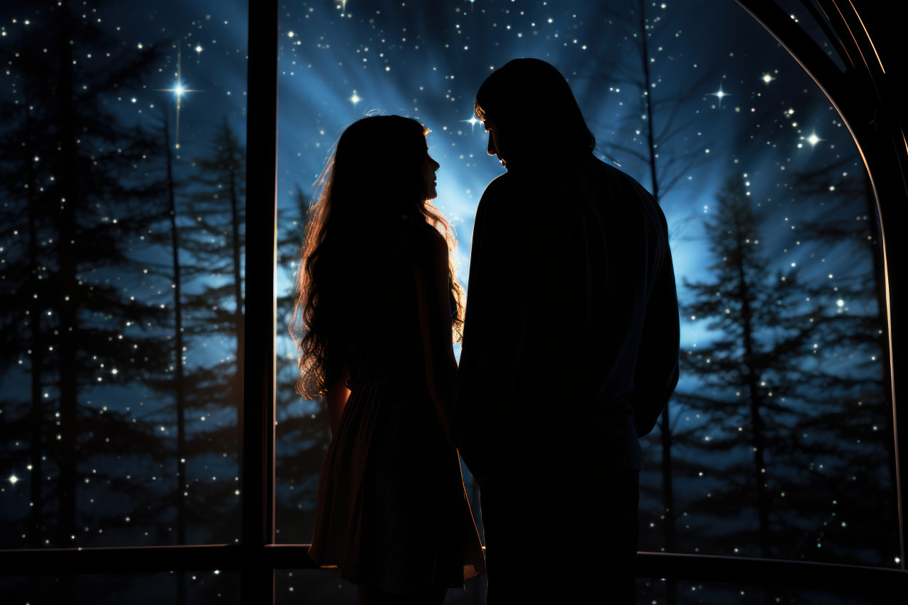 Couple observing stars with a telescope in an astronomy observatory, engagement, wedding and anniversary image