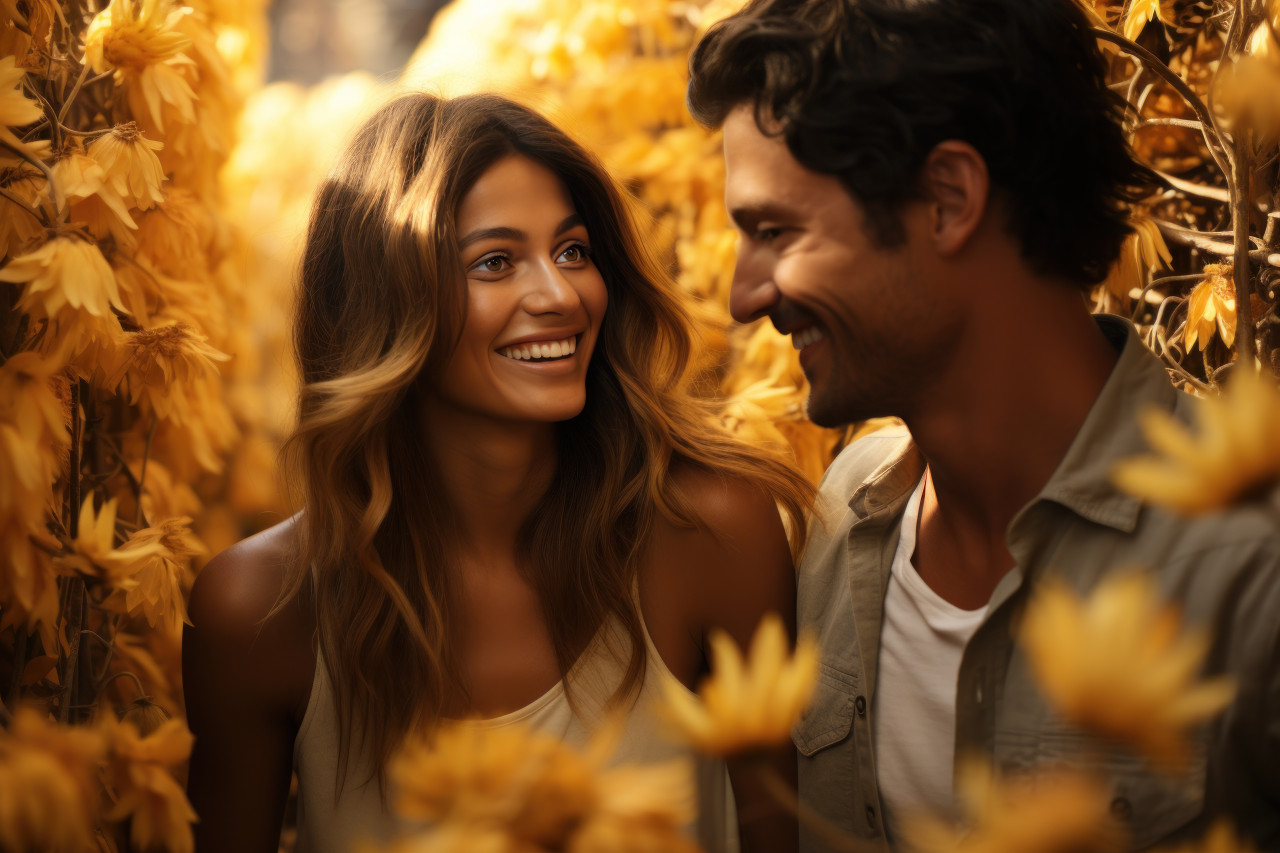A couple adventure in a sunflower maze, engagement, wedding and anniversary image