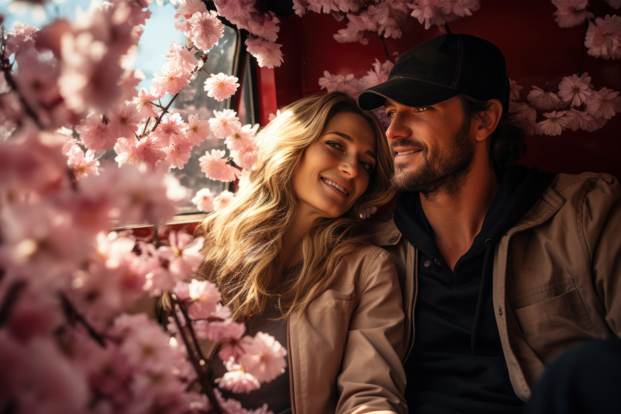 Couple adrift in a boat amidst cherry blossoms, engagement, wedding and anniversary image
